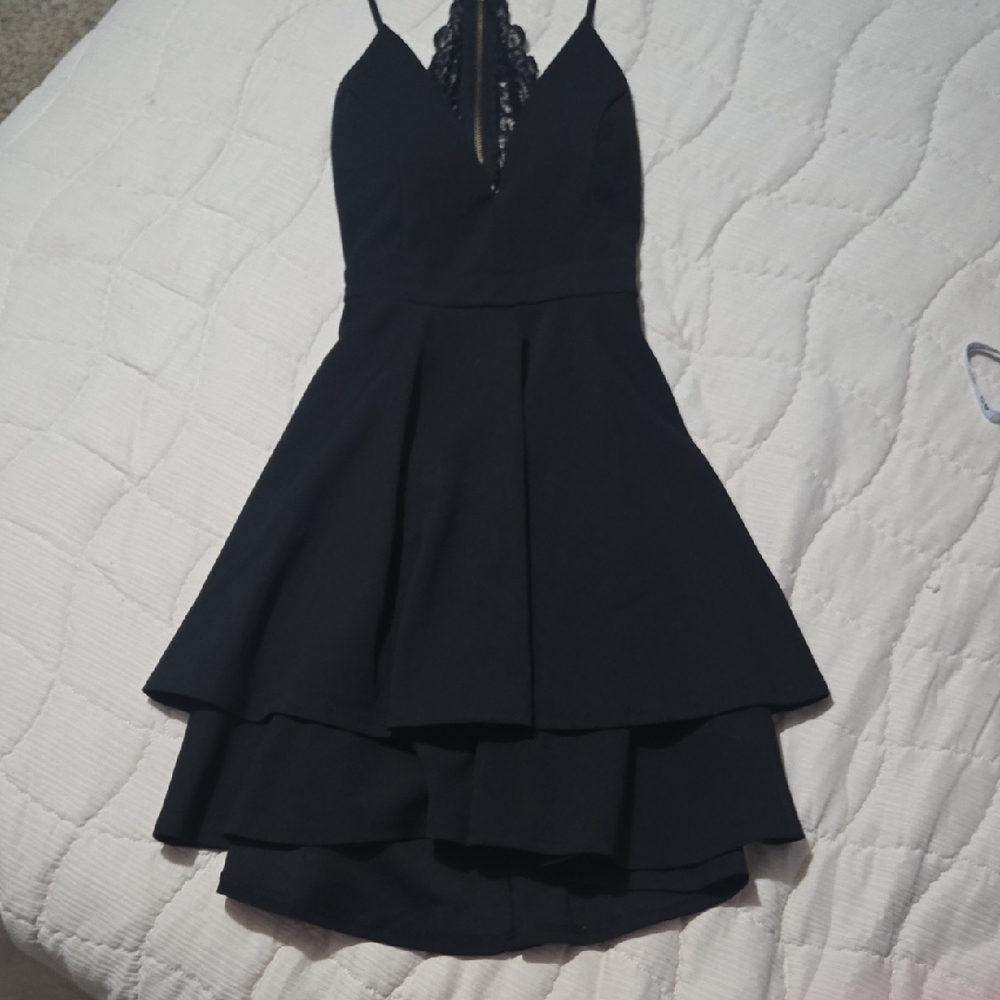 Honey and Rosie Black Lace-Back High-Low Tiered Dress